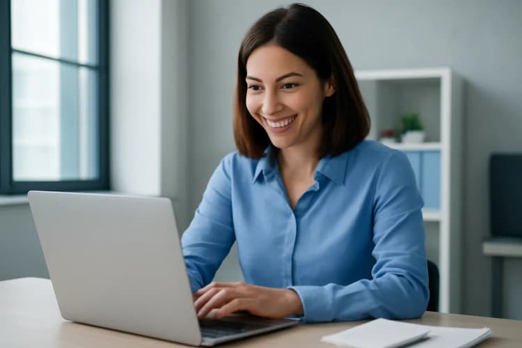 mulher trabalhando em um laptop com um sorriso, conceito de estratégia de vendas online