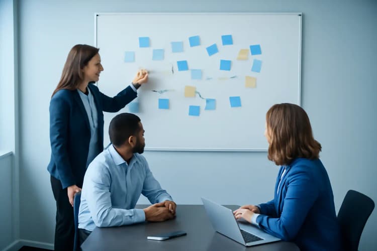 equipe colaborando em um quadro branco com post-its, estratégia de vendas online
