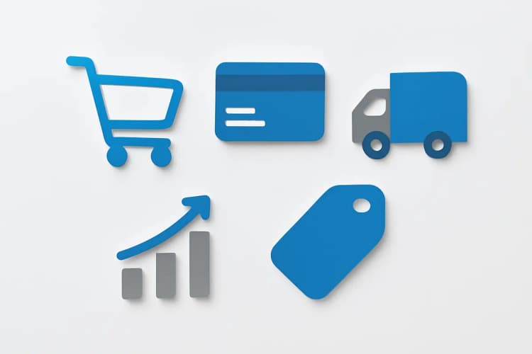 pilares de venda online: ícones de carrinho de compras, cartão de crédito e caminhão de entrega