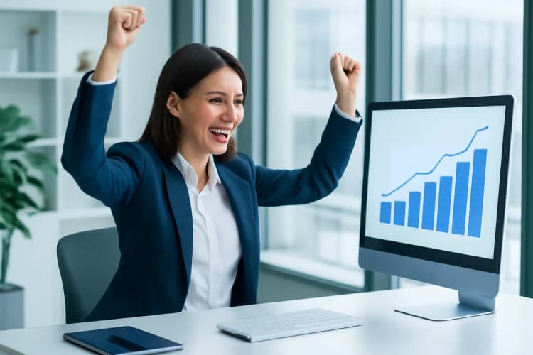 mulher celebrando sucesso em vendas online em 2026, estratégia de vendas online