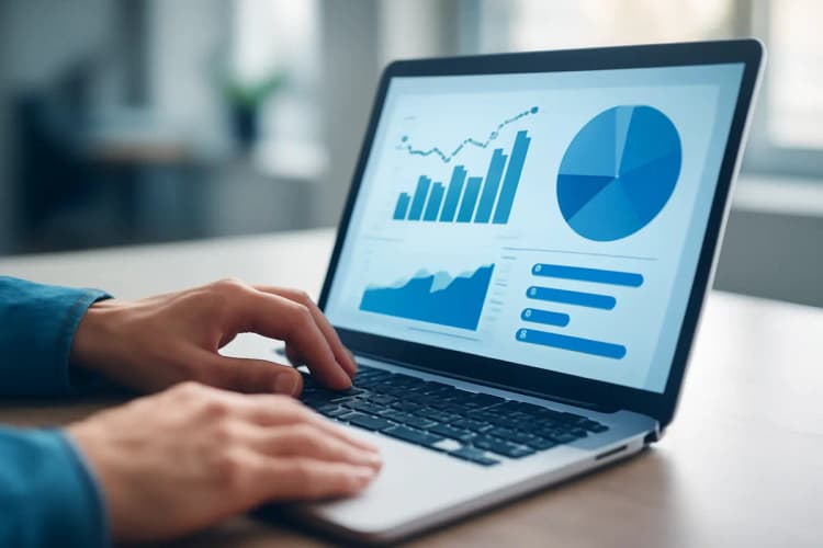 homem analisando métricas em um laptop em um escritório claro