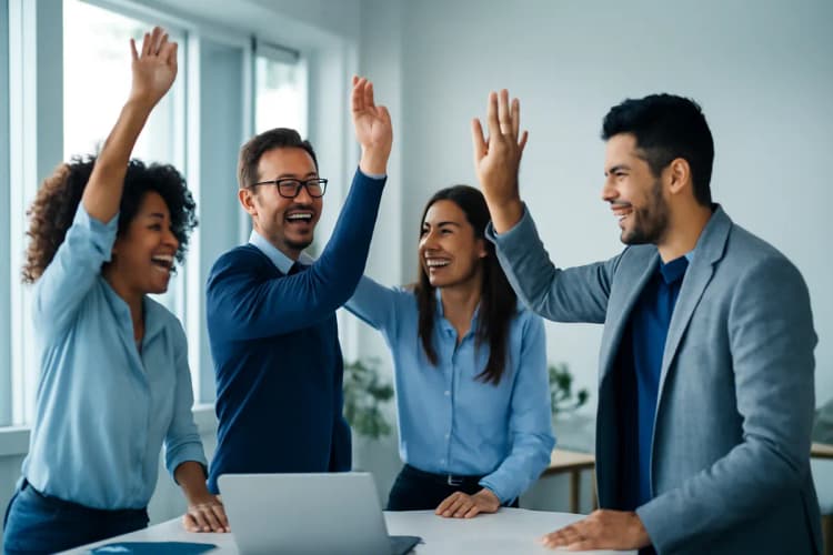 equipe celebrando o sucesso em um escritório moderno e iluminado