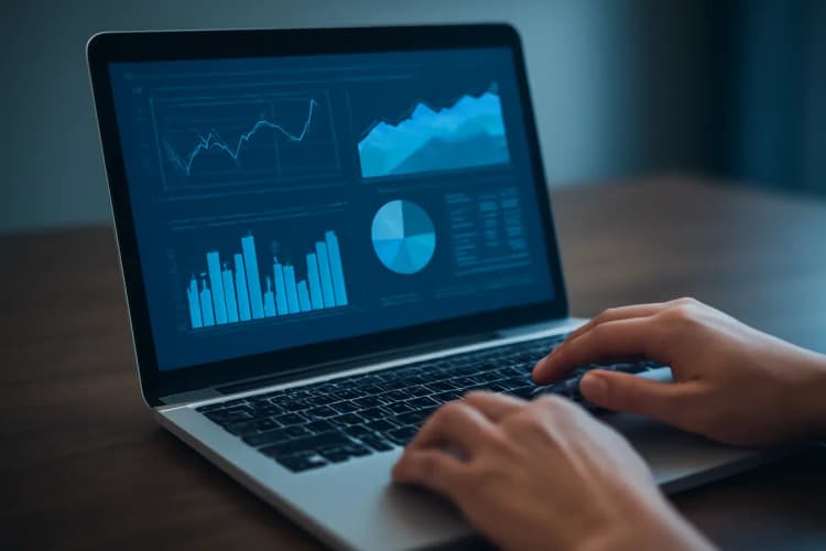 homem trabalhando em um laptop com gráficos de tráfego pago na tela