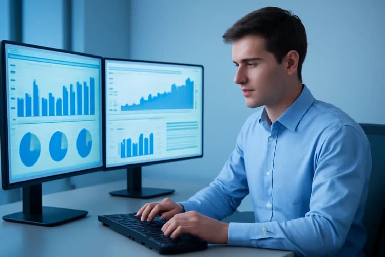 Homem em frente ao computador com gráficos de desempenho, keyword "contratar gestor de tráfego pago"