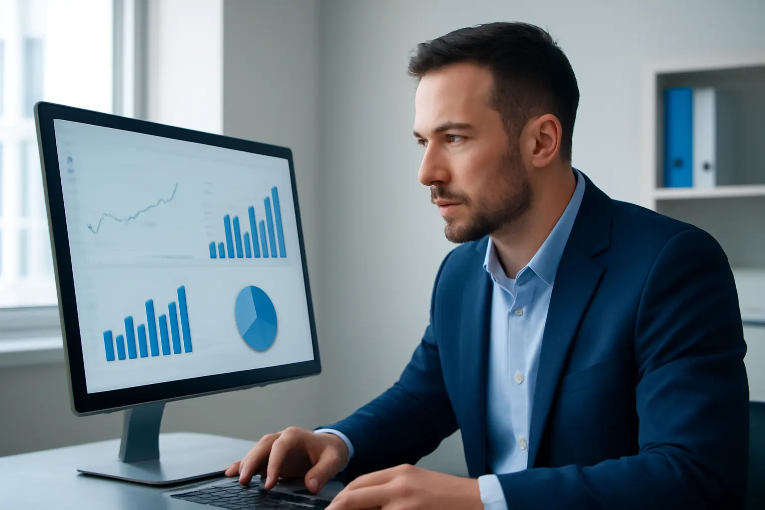 Gestor de tráfego pago trabalhando em escritório com gráficos de desempenho, keyword "contratar gestor de tráfego pago"