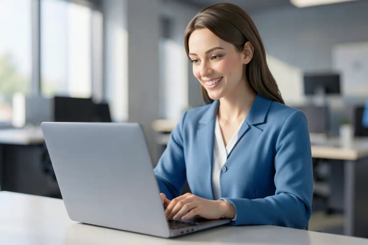 Mulher sorrindo trabalhando em um notebook com a logo da Nuvemshop em um fundo desfocado de escritório
