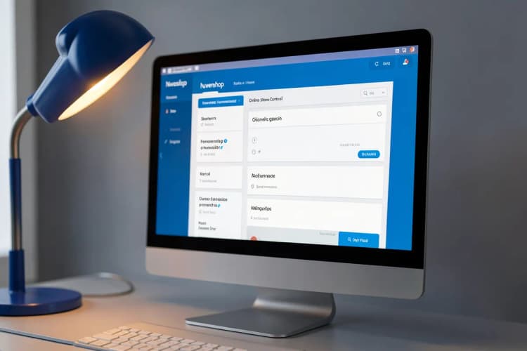 Tela de computador mostrando o painel de controle da Nuvemshop com opções de personalização de loja virtual