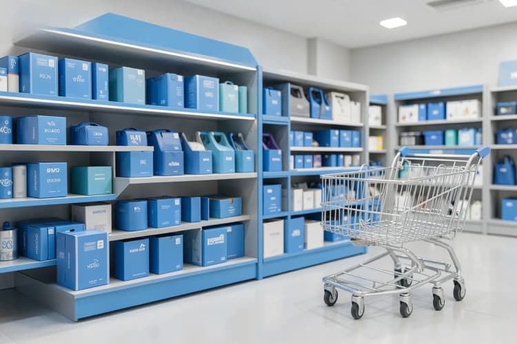 Vitrine de loja virtual com diversos produtos organizados e um carrinho de compras virtual