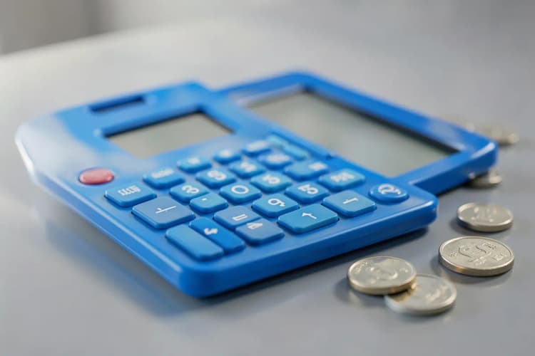 Calculadora e moedas sobre uma mesa, simbolizando os custos de uma loja virtual