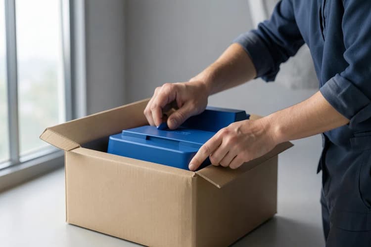 Pessoa empacotando produtos com cuidado em uma caixa de papelão, pronta para envio