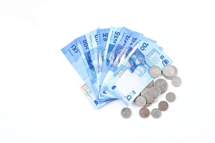 Notas de dinheiro dobradas em leque com moedas ao lado, em fundo branco.