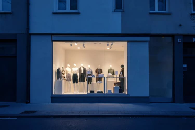 Uma vitrine de loja bem iluminada com manequins e produtos organizados.