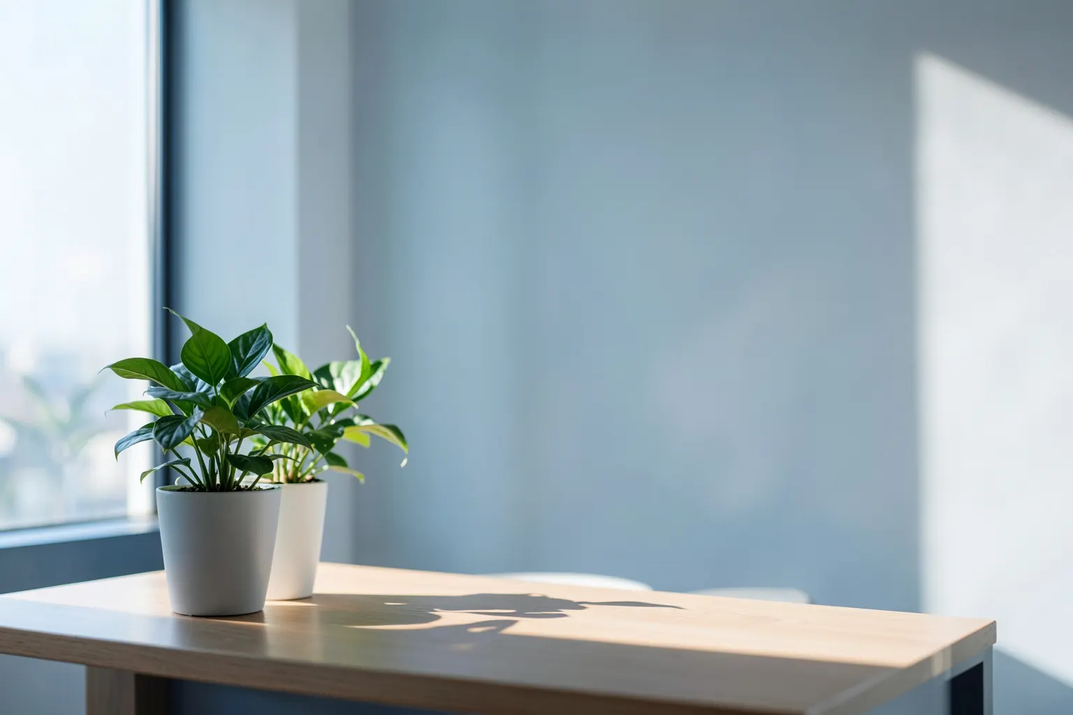 Um escritório moderno com plantas e luz natural, sugerindo um ambiente de trabalho colaborativo.