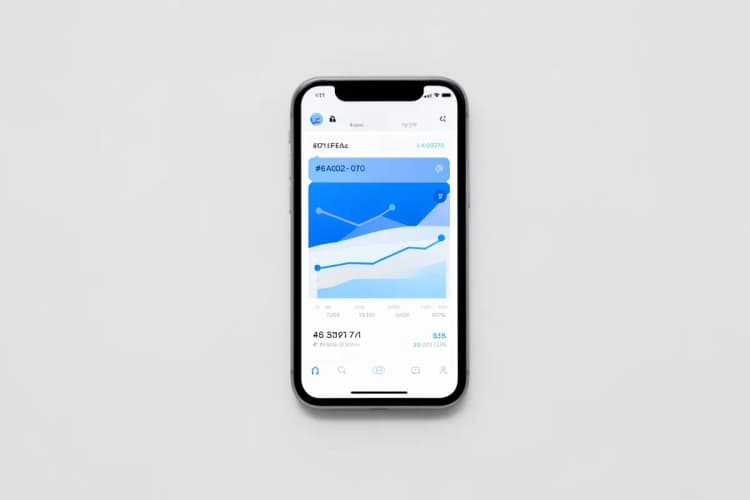 Um close-up de um smartphone exibindo gráficos de crescimento e métricas de redes sociais, com um teclado de computador desfocado ao fundo.