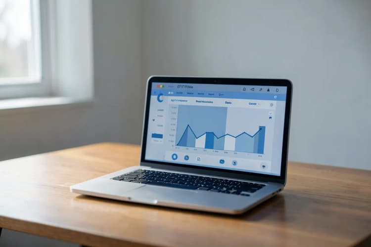 Um laptop aberto sobre uma mesa de madeira, com gráficos de desempenho e ícones de redes sociais visíveis na tela, ao lado de um caderno e uma caneta.