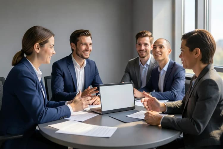 Equipe de marketing reunida em sala de reunião discutindo ideias.