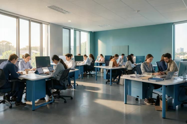 Pessoas trabalhando em escritórios modernos em Brasília.