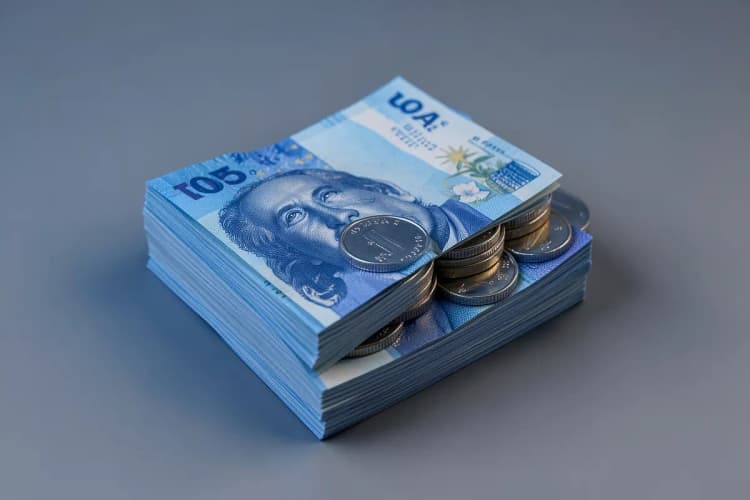 Moedas e notas de dinheiro empilhadas.