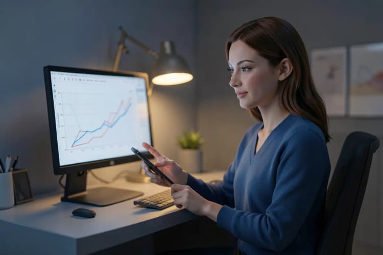 Uma mulher com um tablet na mão aponta para um gráfico de crescimento em uma tela de computador.