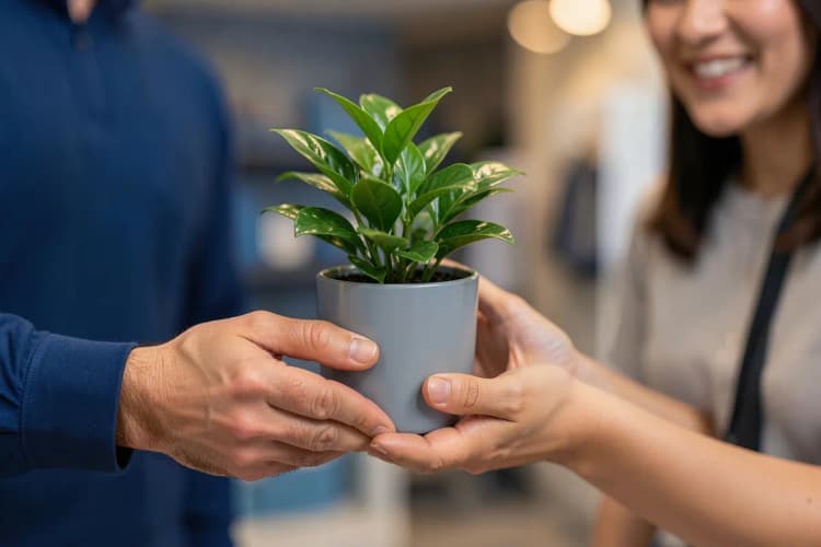 Um homem entrega uma pequena planta em vaso para uma cliente sorridente em uma loja.