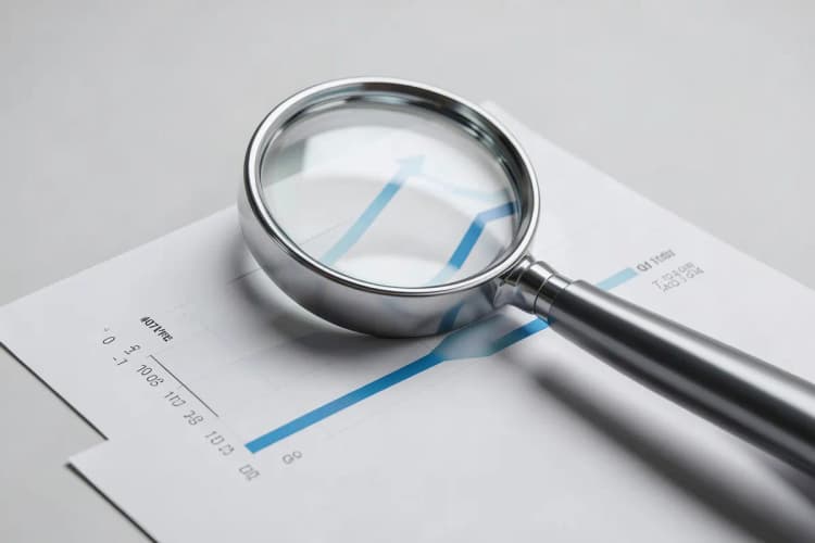 Uma lupa examinando detalhes de um gráfico de desempenho de vendas online.