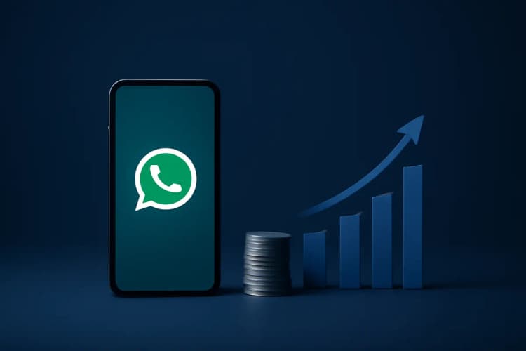 Um celular exibindo o ícone do WhatsApp ao lado de gráficos de crescimento e moedas, em fundo escuro.