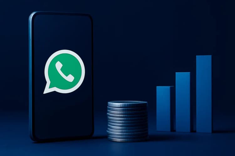 Um celular exibindo o ícone do WhatsApp ao lado de gráficos de crescimento e moedas, em fundo escuro.