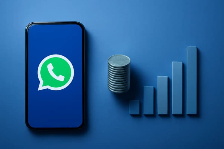 Um celular exibindo o ícone do WhatsApp ao lado de gráficos de crescimento e moedas, em fundo escuro.