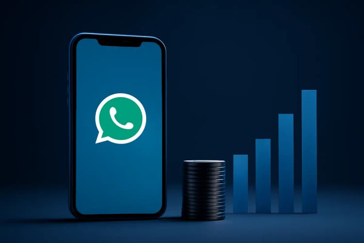 Um celular exibindo o ícone do WhatsApp ao lado de gráficos de crescimento e moedas, em fundo escuro.
