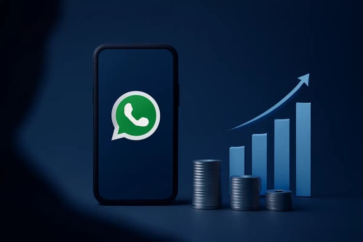 Um celular exibindo o ícone do WhatsApp ao lado de gráficos de crescimento e moedas, em fundo escuro.