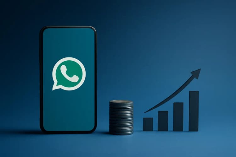 Um celular exibindo o ícone do WhatsApp ao lado de gráficos de crescimento e moedas, em fundo escuro.