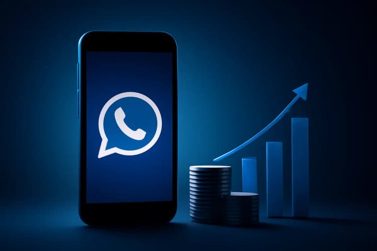 Um celular exibindo o ícone do WhatsApp ao lado de gráficos de crescimento e moedas, em fundo escuro.