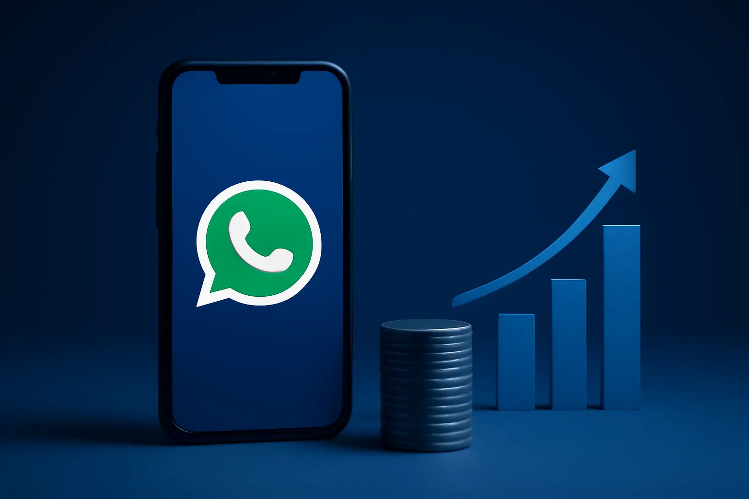 Um celular exibindo o ícone do WhatsApp ao lado de gráficos de crescimento e moedas, em fundo escuro.