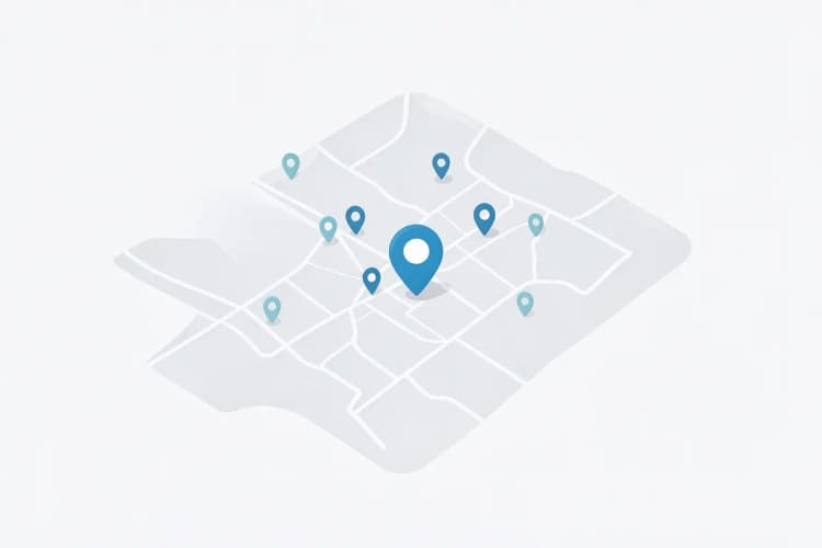 Mapa estilizado de Guarulhos com vários pinos de localização marcando diferentes agências de marketing, com um pino maior em destaque