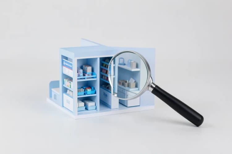 Estrutura de uma loja virtual em miniatura, mostrando a organização de categorias e produtos, com uma lupa focando na navegação clara