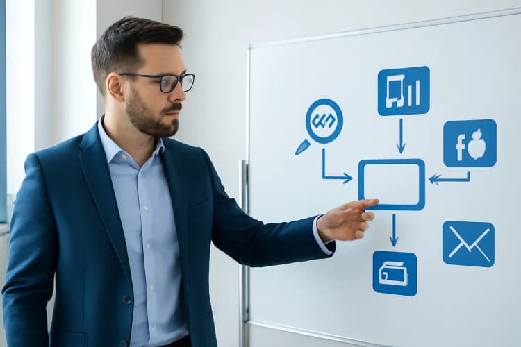 conceito de gestão de marketing digital explicado com ícones de estratégia e crescimento