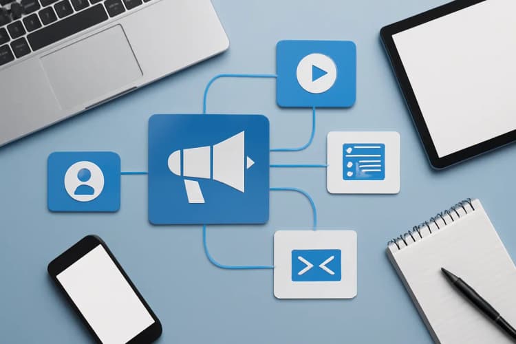 diversos tipos de gestão de marketing digital representados por ícones de diferentes canais online