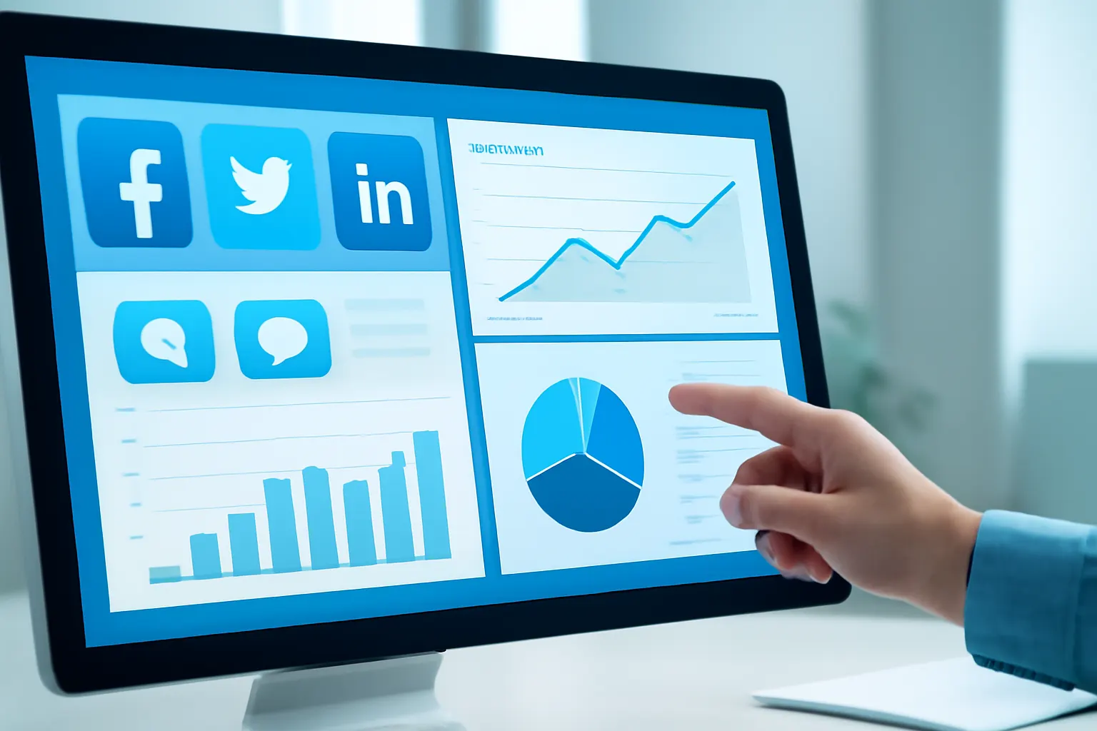 gestão de marketing digital em um quadro com ícones de redes sociais e gráficos, com a keyword em destaque