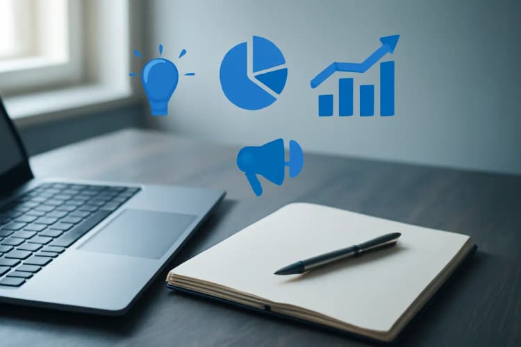 conceito de gestão de marketing com ícones de estratégia e crescimento