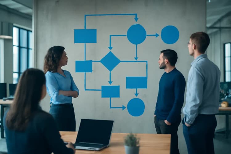 processo de gestão de marketing com fluxograma visual