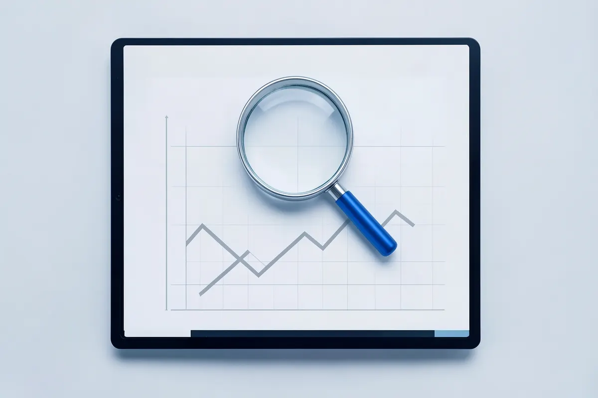 Uma lupa examinando um gráfico de vendas em declínio em uma tela de computador.
