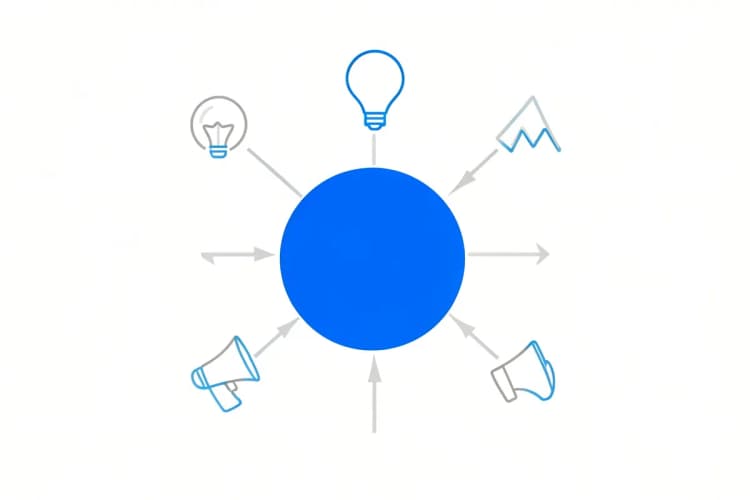Diagrama abstrato mostrando setas conectando diferentes ícones de marketing (lâmpada, gráfico, megafone) em torno de um círculo central representando uma agência.