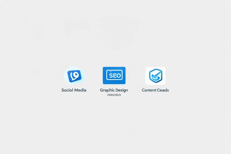 Conjunto de ícones representando diversos serviços de marketing: SEO, mídias sociais, design gráfico, criação de conteúdo e anúncios pagos.