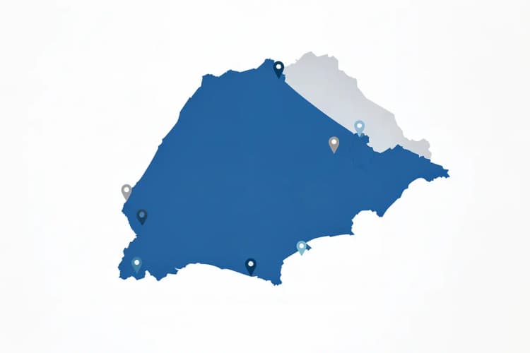 Mapa estilizado de Santa Catarina com pinos de localização em diferentes cidades, representando a presença de agências de marketing.
