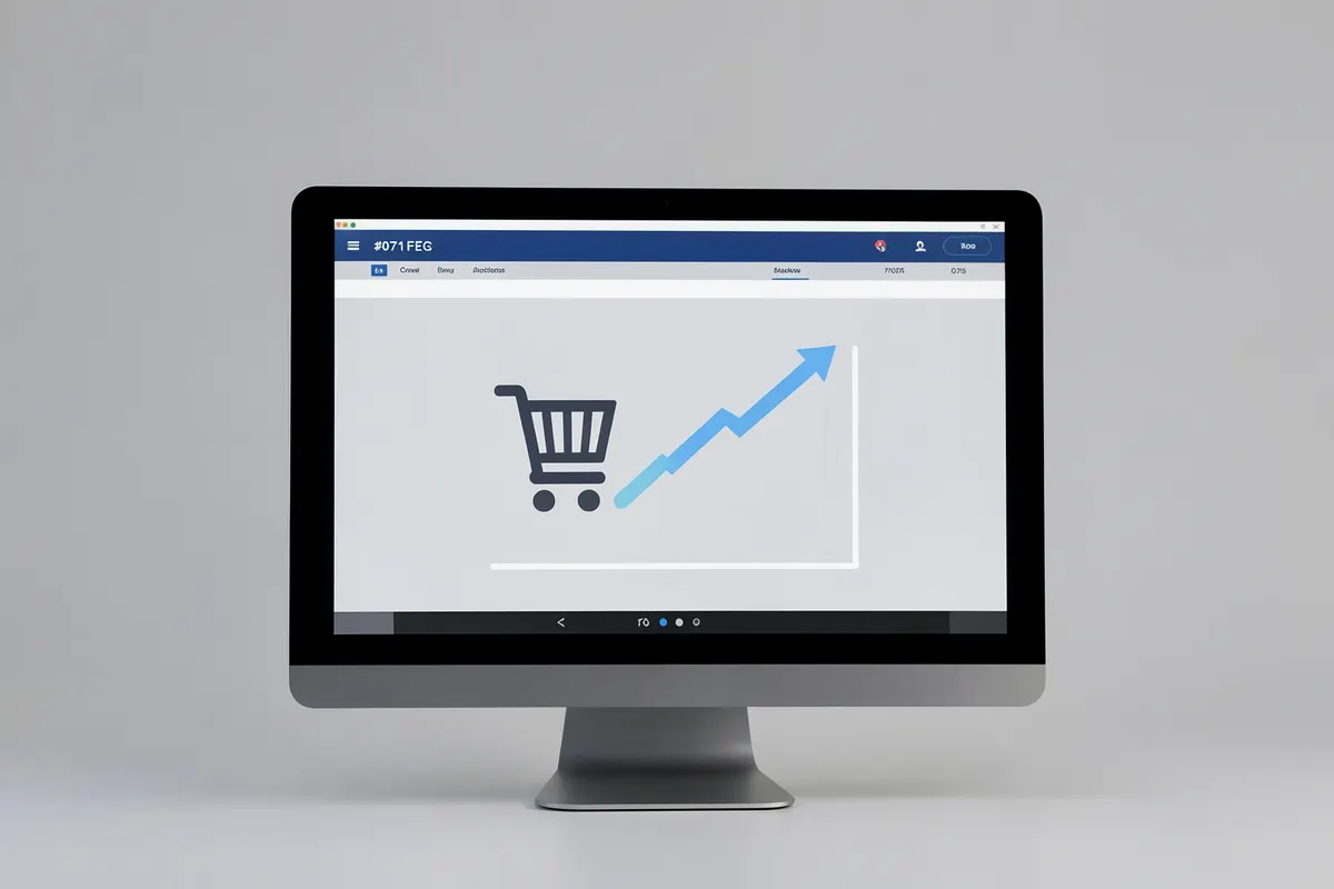Tela de computador exibindo a interface de uma plataforma de e-commerce com um carrinho de compras e um gráfico de vendas subindo.